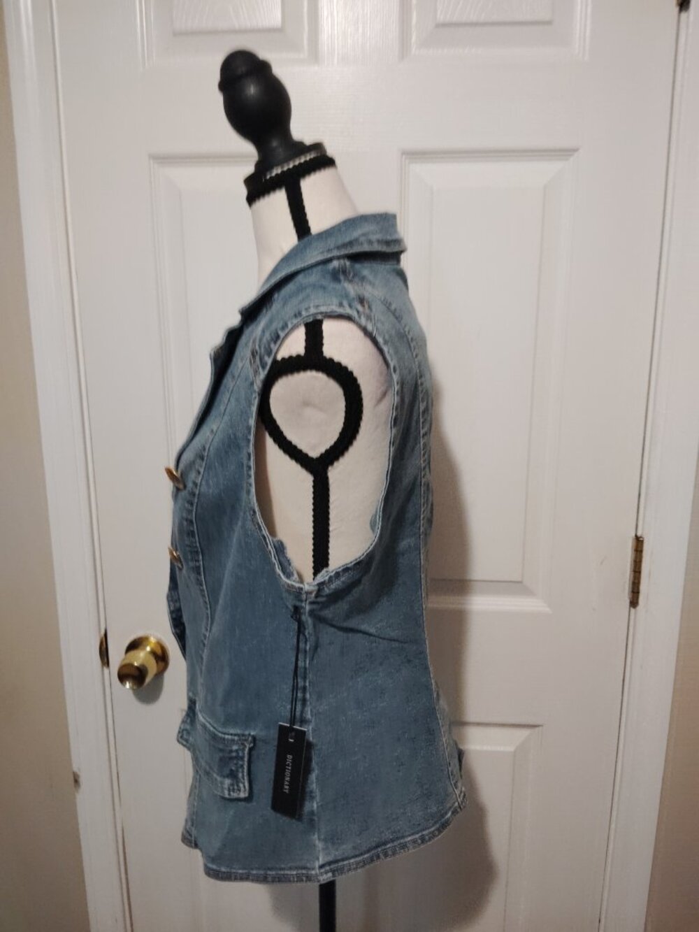 Dictionary Women's Fashion Denim Vest Blazer Double- Breasted Blue Gold Buttons - Picture 5 of 6